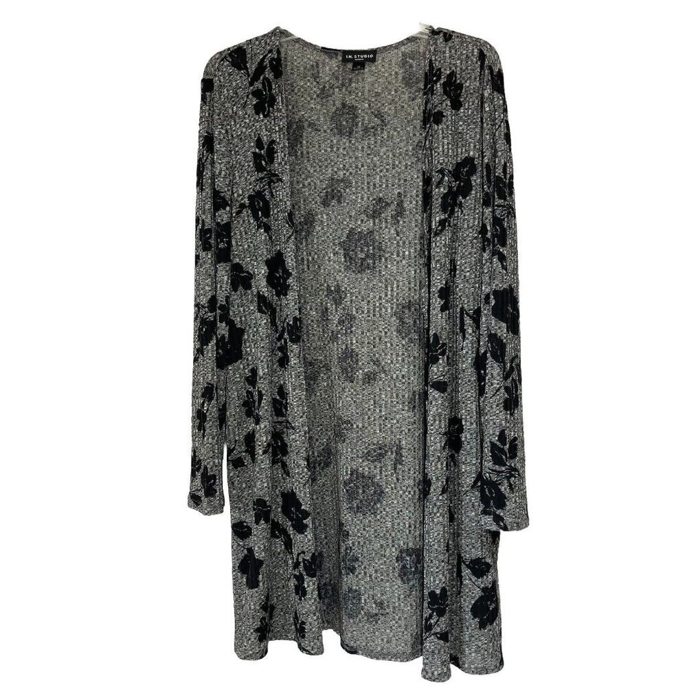 In Studio Womens 3X Black Floral Cardigan Sweater Stretch Lightweight Gray